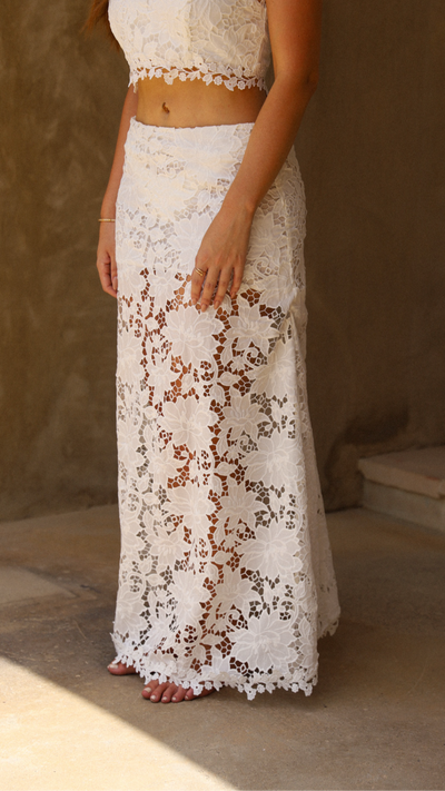 WHITE LASER CUT FLORAL MAXI SKIRT