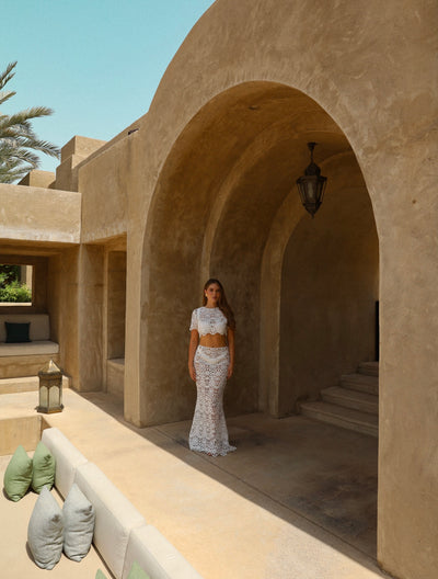 Crochet Short Sleeve Crop Top in White