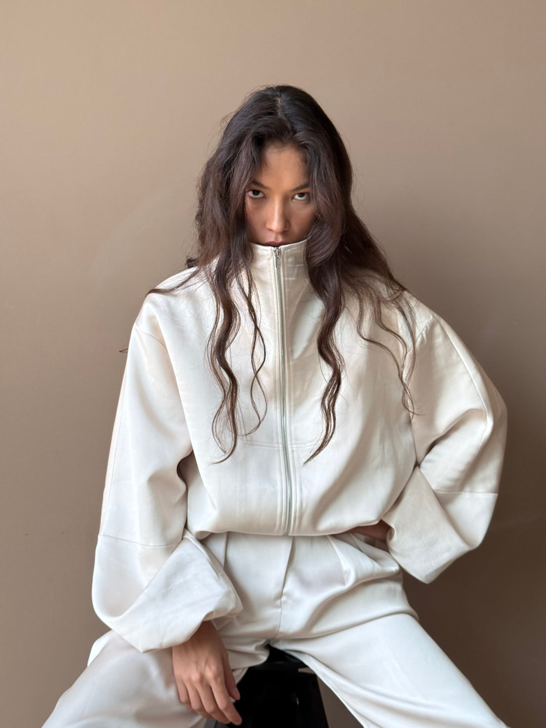 The Satin Bomber in Ivory with The Niamh Trousers
