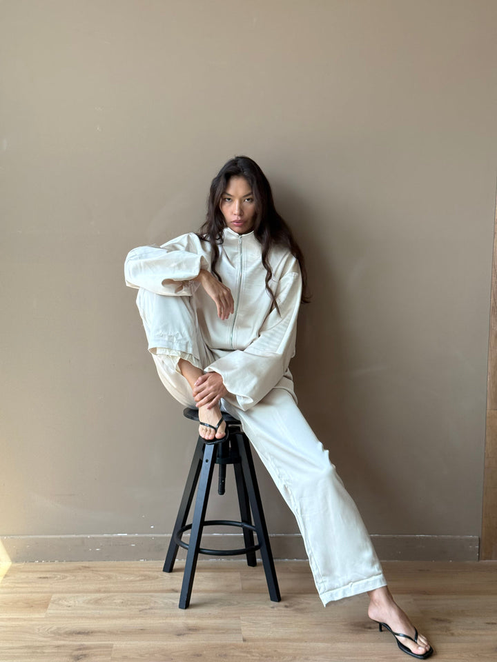 The Satin Bomber in Ivory with The Niamh Trousers