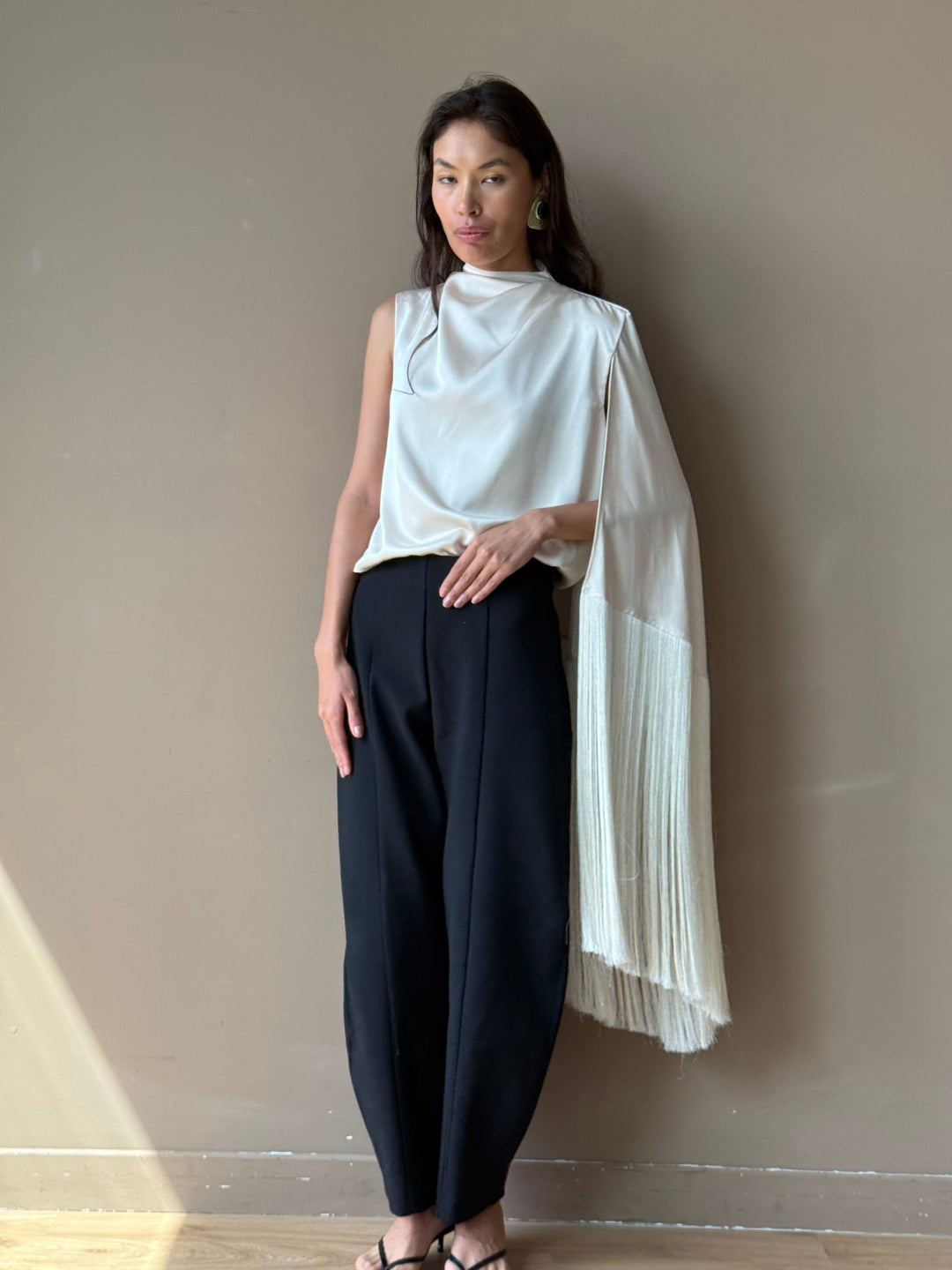 The Satin Tassel Top in Ivory