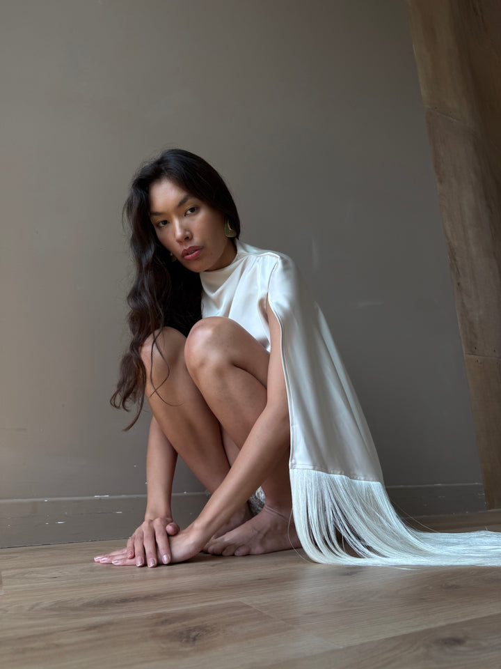 The Satin Tassel Top in Ivory