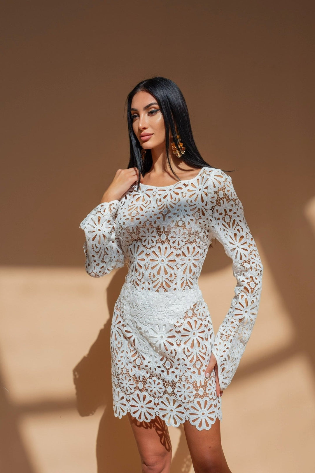 Crochet Floral Mini Dress –