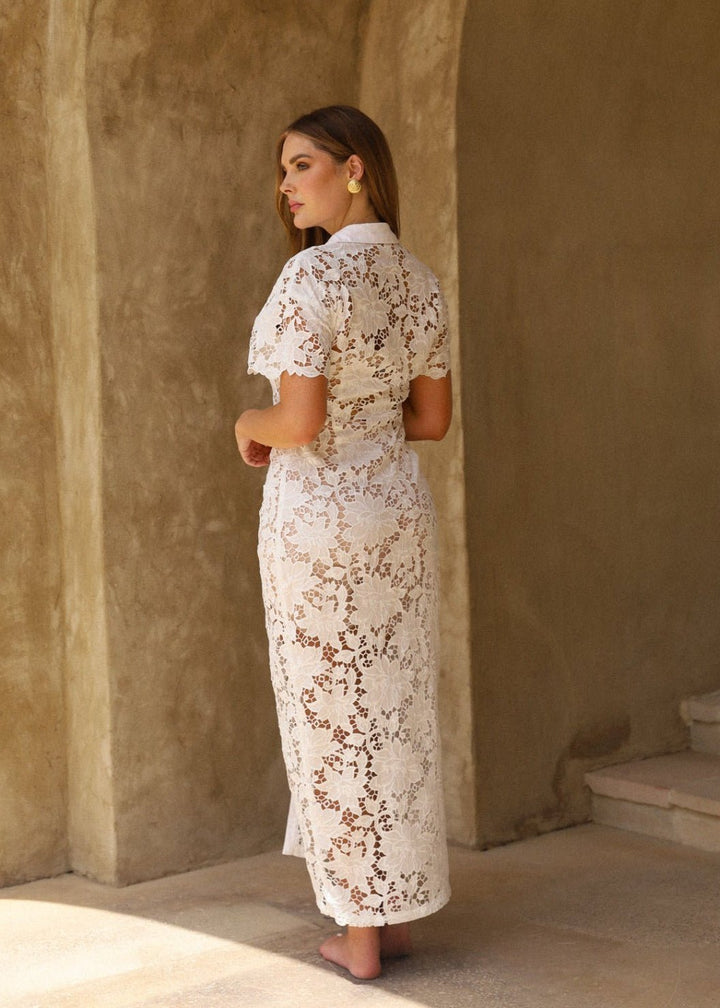 WHITE LASER CUT MIDI DRESS - www.melissaphair.com