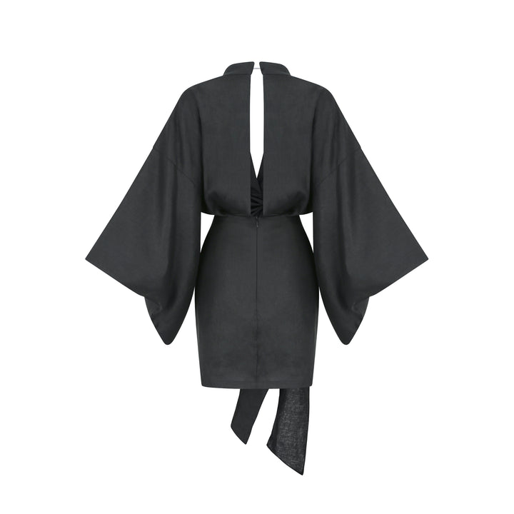 knee length dresses for ladies Double Satin V Neck Smocked Kimono Mini Dress Black / Large 12-14 main image 0